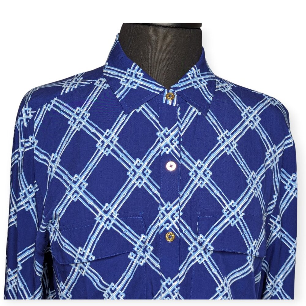 NWOT C. Wonder Printed Button Down Top Navy & White Patterned Size 12